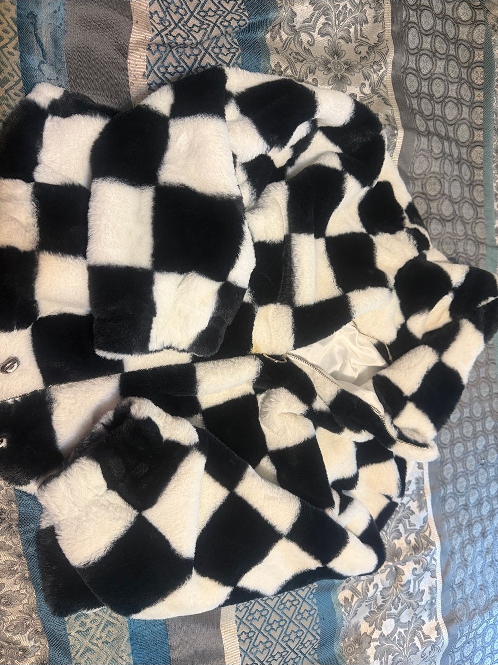 Black & White Checkerboard Faux Fur women Jacket
